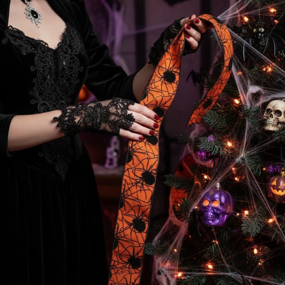 2.5" x 10 Yds Regency Orange Black Velvet Spider Web Wired Halloween Ribbon Bow